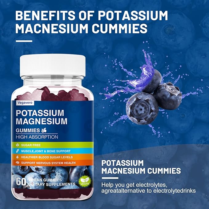 Potassium Magnesium Gummies - Magnesium Glycinate B6,D3 & Potassium Citrate for Leg Cramps,Muscle,Electroyte for Adults Kids,Sugar-Free - 60 Blueberry Gummies