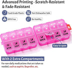 Foldable Weekly Pill Organizer 2 Times a Day with 2 Extra Compartments (Clear Printed Labels) - 7 Day AM PM Medicine Box, Week Daily Travel Pill Case Holder for Vitamin, Supplement - Clear Pink