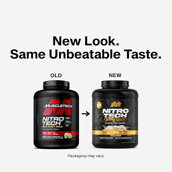 MuscleTech Whey Protein Powder (Vanilla Cream, 5LB) - Nitro-Tech Whey Protein Isolate Smoothie Mix for Lean Muscle & Recovery - 24g of Whey Gold for Women & Men - Packaging May Vary