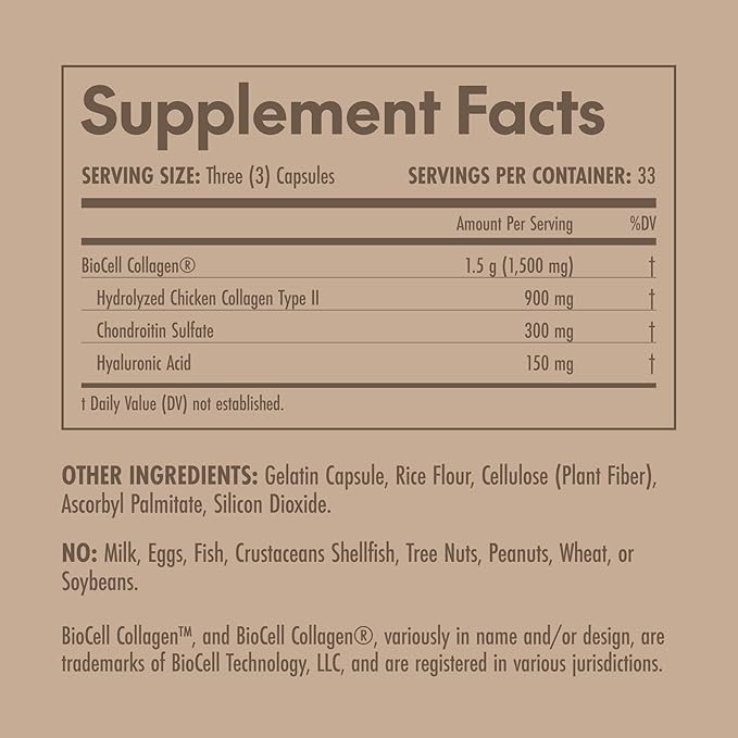 Olympian Labs Biocell Collagen II 1500mg Supplement Capsules Non-GMO, Gluten-Free, Allergan-Free - Supports Skin & Joint Health and Cartilage Producing Cells - 100 Capsules (33 Day Supply)