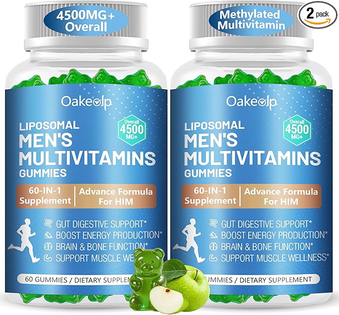 2 Pack 60-IN-1 Liposomal Methylated Multivitamin Gummy for Men Overall 4500MG+,Vitamin A C D3 K E B Complex ,Probiotics,Omega 3,CoQ10,Zinc,120+ Nutrients,for Immune,Heart and Digestive Wellness