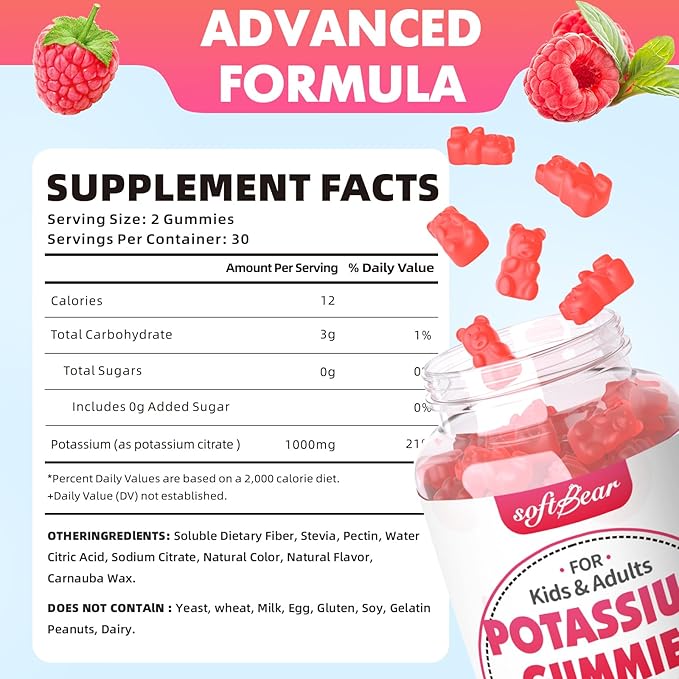softbear Potassium Citrate 1000mg Gummies – High Absorption Potassium Gummies for Muscle Support & Electrolyte Balance – Potassium Supplement for Women & Adults, Vegan, Raspberry Flavor (120 Count)