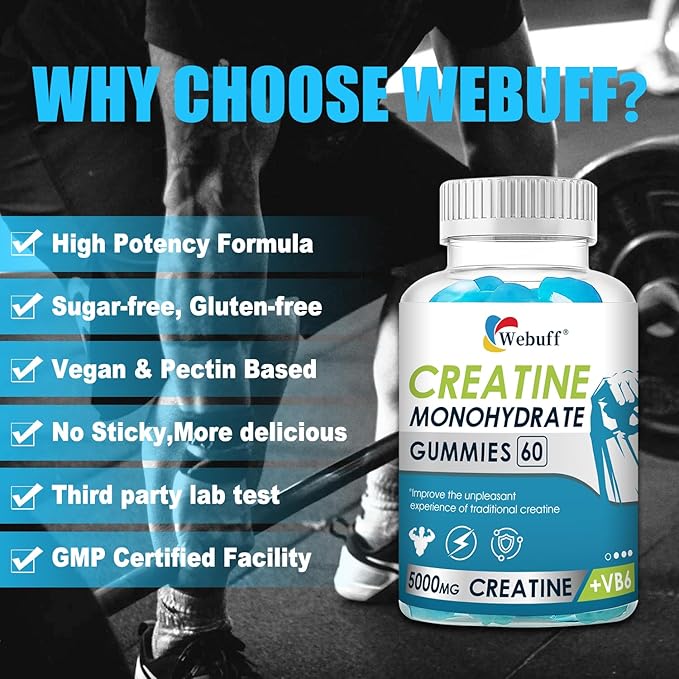 Creatine Gummies Monohydrate Complex 5000mg 60 Count Gummies Taurine + Vitamin B6 for Muscle Strength, Muscle Builder, Energy Boost, Pre Workout (60 Count (Pack of 1))