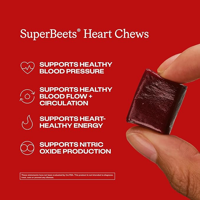 Humann SuperBeets Heart Chews, Beet Root Powder Support Energy Supplement, Nitric Oxide and Blood Pressure Support, Grape Seed Extract & Non-GMO, Heart Health, Pomegranate Berry Flavor, 60 Count
