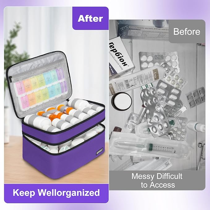 LEFOR·Z Medicine Storage Bag,Double Layers Pill Bottle Organizer Bag Empty with Lockable Zipper&Adjustable Divider,Medication Travel Carrying Bag for Pills,Vitamins,Medical Supplies,Purple