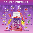 Saffron Supplement Gummies, 10-in-1 Cortisol Supplement with Saffron 88.5mg, Magnesium, Rhodiola Rosea, Ashwagandha, L-Theanine, St. John's Wort, for Calm, Focus & Relaxation, 60 Count