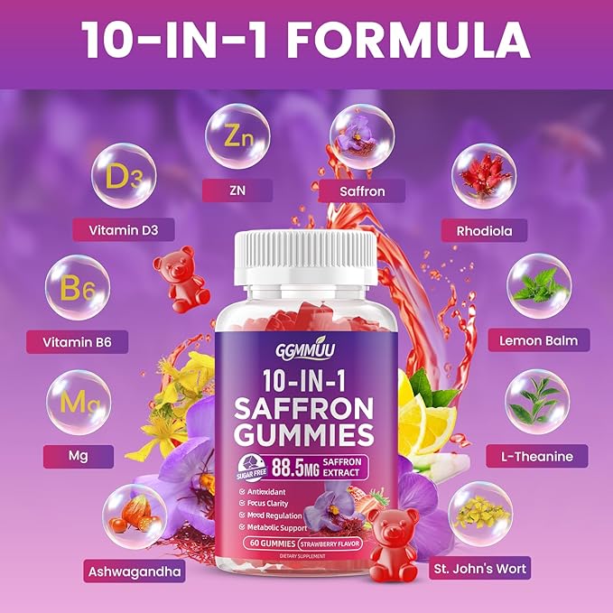 2 Pack Saffron Supplement Gummies, 10-in-1 Cortisol Supplement with Saffron 88.5mg, Magnesium, Rhodiola Rosea, Ashwagandha, L-Theanine, St. John's Wort, for Calm, Focus, Relaxation, 120 Count