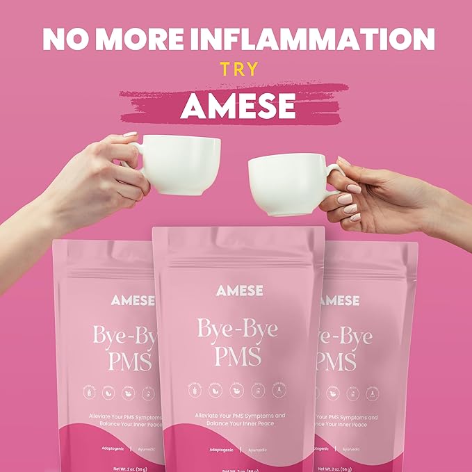 AMESE Bye-Bye PMS – Organic Adaptogenic Herbal Tea for Women with Tulsi, Ginger, Licorice & Peppermint – Ayurvedic Cramp, Period, Bloating & Mood Support – Caffeine-Free Loose Leaf