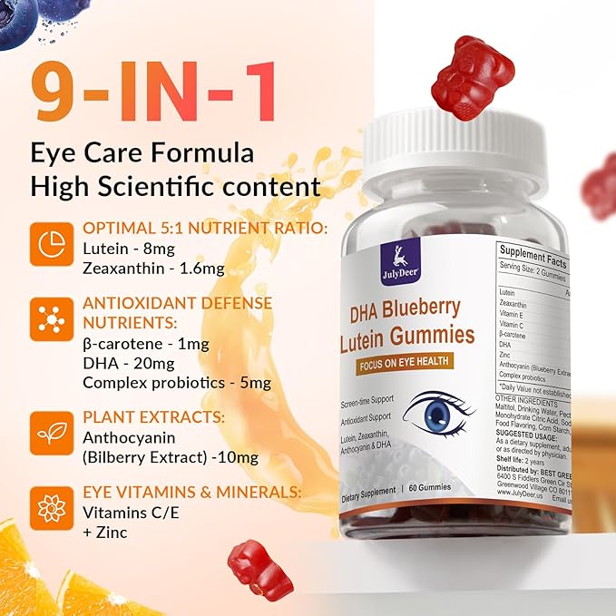 JulyDeer 2 Packs Lutein and Zeaxanthin Gummies Supplements Support Eye Health, 9 in 1 with 8mg Lutein & 1.6mg Zeaxanthin, Eye Support | Non-GMO, Vegan | Sweet Orange Flavor | 120 Gummies