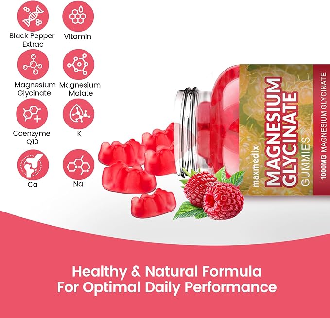 Magnesium Glycinate Gummies 1000mg, Sugar Free Magnesium Potassium Supplements Chewable for Adults with L-Threonate for Sleep, Body Support and Relaxation,90 Raspberry Gummies