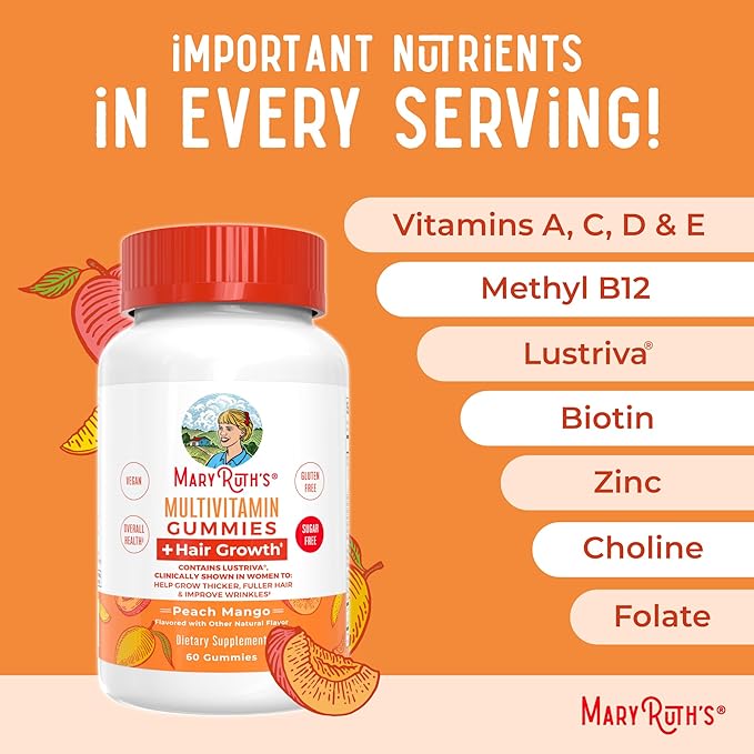 MaryRuth's Multivitamin + Hair Growth Gummies | with Lustriva® | Biotin 10000mcg | B Vitamins | Formulated for Thicker Hair, Wrinkles, Fine Lines, Skin Care | Ages 18+ | 30 Servings (Pack of 2)