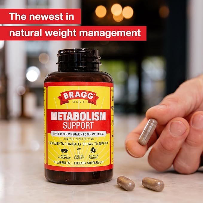 Bragg Metabolism Support Apple Cider Vinegar Capsules with Botanical Blend - 90 Capsules - Increased GLP-1 Support for Weight Management, Appetite Control, and Fullness