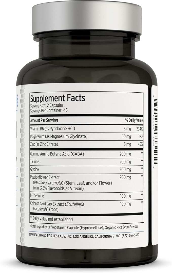 LES Labs GABA Health – Calm Mind & Relaxation, Stress Relief, Neurotransmitter Support & Deep Sleep – GABA, Taurine, Passionflower, Skullcap, L-Theanine & Magnesium – Non-GMO Supplement – 90 Capsules