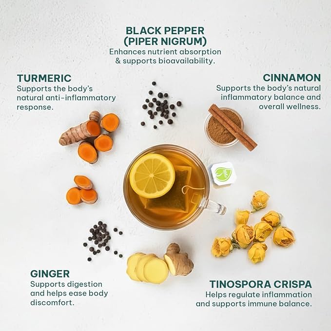 Anti Inflammatory Tea – Black Pepper Turmeric Ginger Cinnamon Tea Bags for Joint Support, Digestion & Immune Wellness, 100% Organic & No Sugar, No Caffeine Natural Anti Inflammatory Herbal Tea 120 Bags