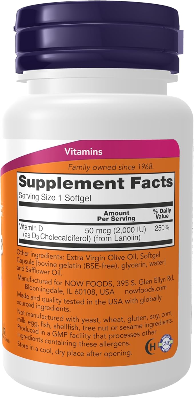 NOW Foods Supplements, Vitamin D-3 2,000 IU, High Potency, Structural Support*, 240 Softgels