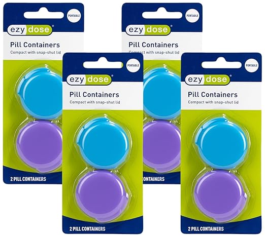 Ezy Dose Daily Round, Portable On-The-Go, Pill Box, Organizer and Vitamin Containers, Snap Shut Lids, Perfect for Traveling, Colors May Vary, 8 Pack