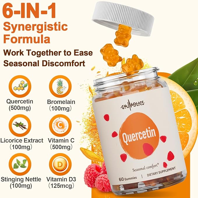 Quercetin 500mg Gummies for Kids, with Bromelain, Vitamin C & D3, Stinging Nettle & Licorice, Seasonal Balance & Body Defenses, Vegan, 60 Gummies