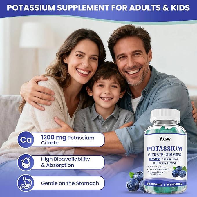 Potassium Citrate 1200mg Gummies for Adults Women & Men, Chewable Potassium Supplement for Muscle Health & Electrolyte Support, Sugar Free, Blueberry Flavor, 60 Count