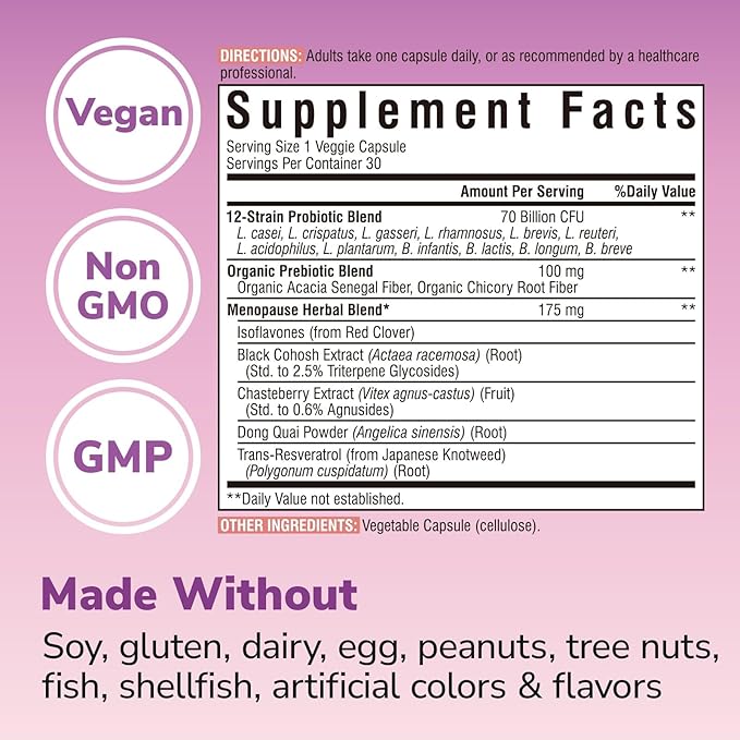 Vitalibre Menopause Probiotics for Women 70 Billion CFU, 12 Targeted Strains, Organic Prebiotics, Black Cohosh Resveratrol Red Clover Chasteberry Dong Quai, Hot Flash Night Sweat+, No Estrogen, 30 Ct