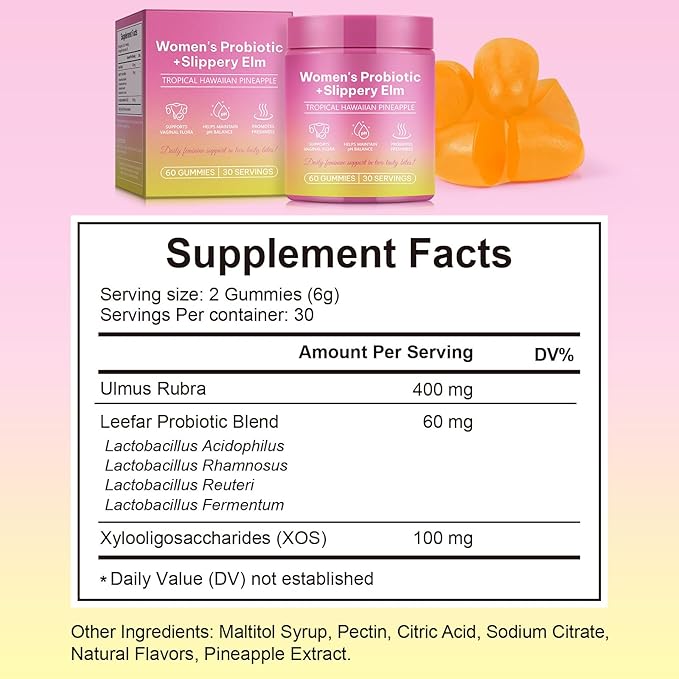 Feminine Probiotics Gummies - Probiotic Pineapple Gummies for Women, with Slippery Elm, Support ph Balance, Lactobacillus for Bladder and Vaginal Wellness, 60 Count