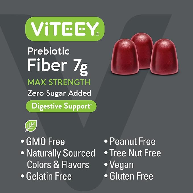 Viteey Prebiotic Fiber Gummies for Adults, 7g - Gut Health & Digestive Soluble Fiber Supplement Gummies - Zero Sugar Added, Vegan, Gluten-Free - 90 Count