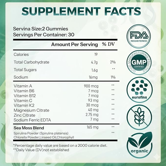 38-in-1 Super Greens Gummies with Sea Moss, Spirulina, Chlorella - Bloating Relief & Gut Health - 100% DV Vitamin A, B12, Iron, Magnesium - Energy & Immunity, Vegan, Green Apple, 60 Cts