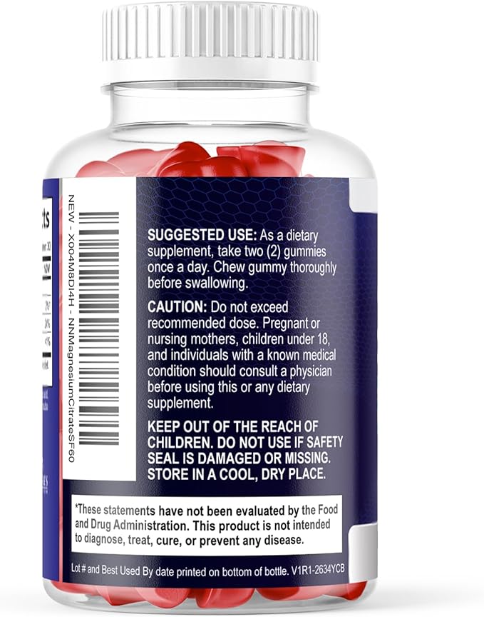 Magnesium Citrate Gummies - Sugar Free - High Absorption & Bioavailability Magnesium Gummy Supplement - Improved Vegan Formula - Supports Bones, Muscles, Calm, & Relaxation - Mag Citrate - 60 Gummies