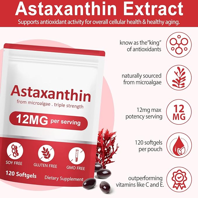 Astaxanthin Supplements,12mg Astaxanthin Natural Anti-Aging Formula - Supports Eyes, Joint, Internal Circulation & Skin Health, Non-GMO Non-Gluten