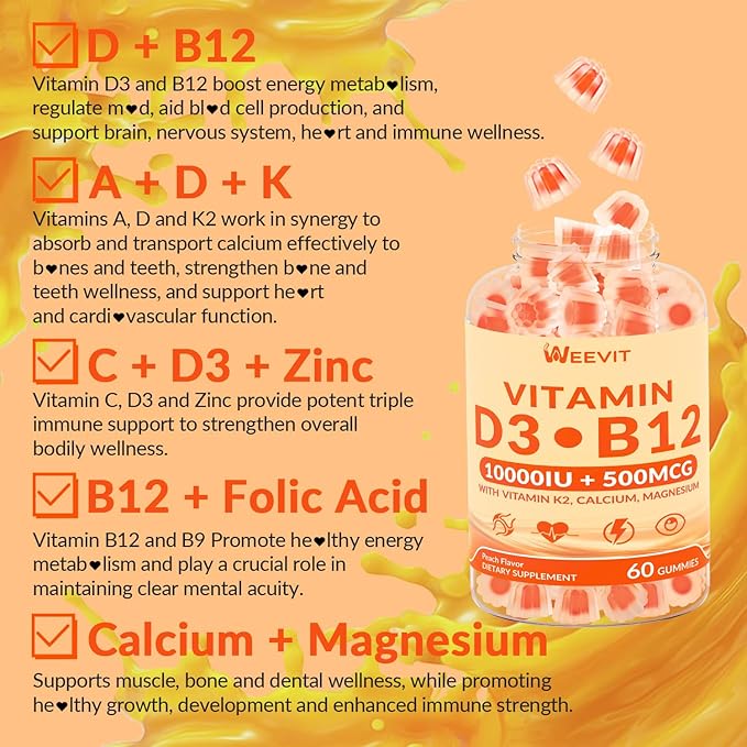 WEEVIT Vitamin D3 B12 Gummies, Vitamin D and B12 Gummy Suppment with Vitamin A, C, K, Calcium, Magnesium, Zinc for Women & Men