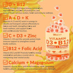 WEEVIT Vitamin D3 B12 Gummies, Vitamin D 10000IU & 500mcg Methyl B12 with Vitamin A, C, K, Calcium, Magnesium, Zinc for Women & Men, Support Eye, Bone, Energy