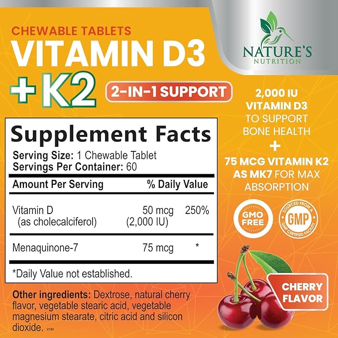 Vitamin D 2000 IU 50mcg Per Tablet - Vitamins D3 & K2 (MK7) Complex Supplement for Bone, Teeth, Muscle, Calcium Absorption, Supports Immune & Heart Health, Chewable Formula USA Bottled - 60 Tablets