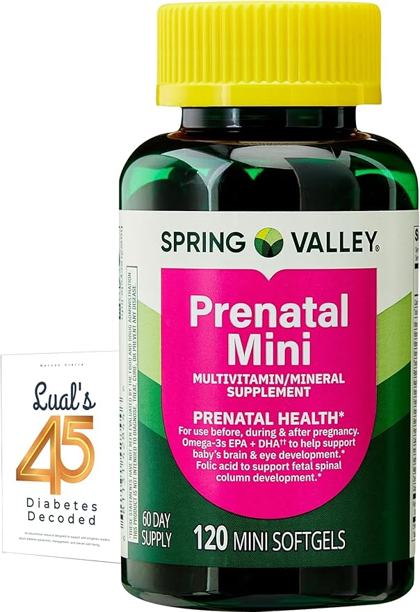 Spring Valley Mini Prenatal Vitamins for Women Softgels Bundle with Luall's 45 Diabetes Decoded. Mini Prenatal Vitamins for Women 120 Soft Gels