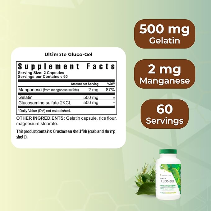 Youngevity Ultimate Gluco-Gel -for Tendons, Bones & Cartilage | Contains Glucosamine, Gelatin & Manganese | 120 Capsules | 1 Bottle