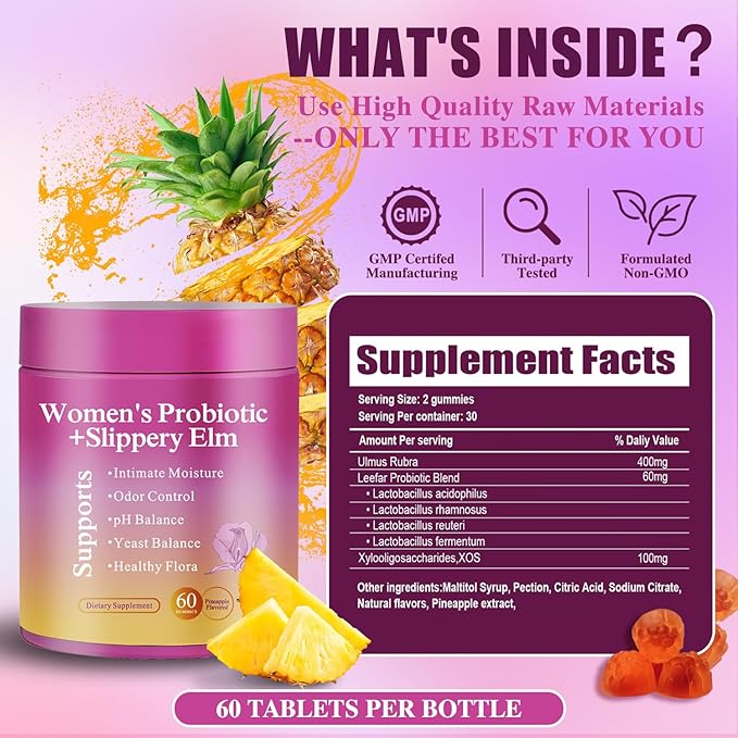 Her Juicy Feminine Probiotics Gummies for Women | Pineapple Flavor | Supports pH Balance, Gut Health & Immune System | with Slippery Elm, Prebiotics & Lactobacillus Blend | 60 Gummies (1pc)