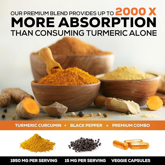 Turmeric Curcumin Supplement - 95% Curcuminoids with Organic Turmeric & BioPerine Black Pepper for Best Absorption - Daily Joint & Immune Health Support, Vegan, Non-GMO, Bottled in USA - 60 Capsules