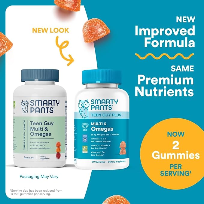 SmartyPants Teen Guy Plus Multi & Omegas Multivitamin Gummies with Omega 3 DHA/EPA, Vitamins D3, C, B12, B6, A, K, Zinc, Folate, Gluten Free, Clean Label, Pineapple Orange, 60 Gummies (30 Day Supply)