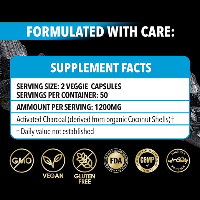 Dr. Robaina Activated Charcoal Capsules 1200 mg – Coconut-Shell Carbon for Gas & Bloating Relief, Digestive Comfort & Next-Morning Support – Vegan • Non-GMO – 100 Count, USA Made