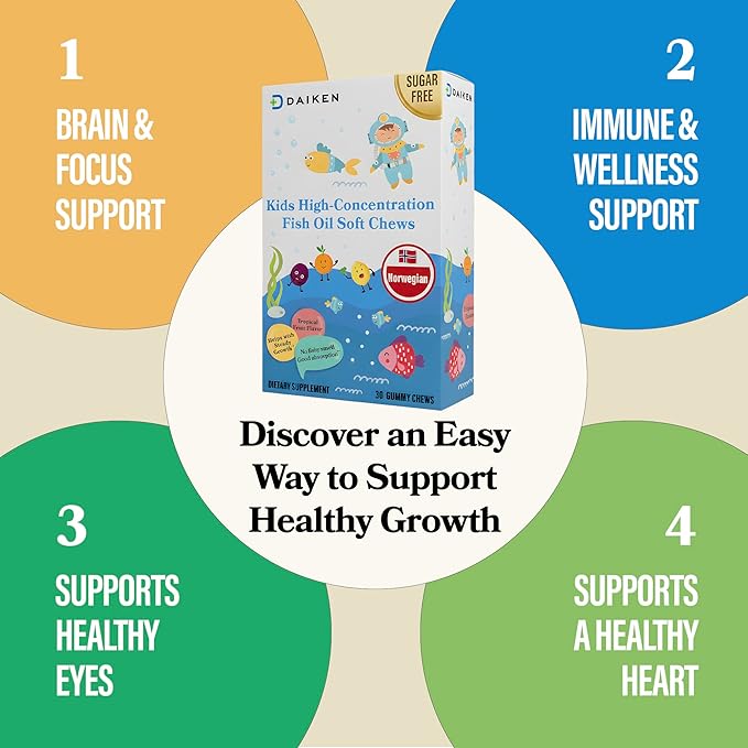 DAIKEN High Concentration Kids Fish Oil Omega-3 Gummies, No Sugar Added, Individually Wrapped, 300 mg Omega-3 (DHA & EPA) with Vitamin D3 for Kid, 30 Count, Tropical Fruit Flavor, Norwegian Sourced