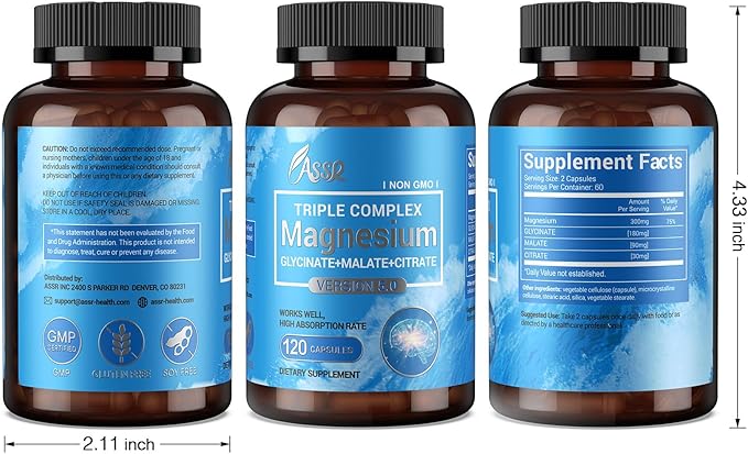 ASSR Triple Magnesium Complex – 300mg Magnesium Supplement with Glycinate, Malate & Citrate – Supports Relaxation, Muscle & Nerve Function – High Absorption, Vegan, Non-GMO, 120 Capsules