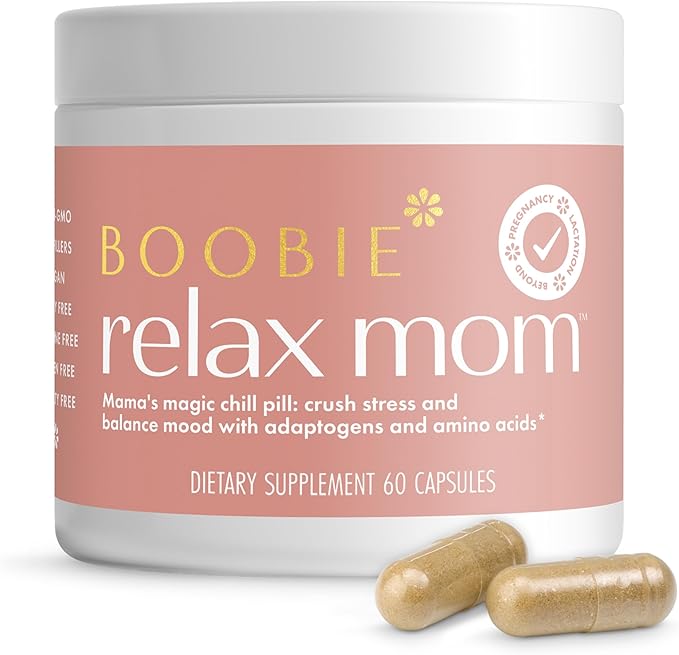 Boobie Relax Mom, Postpartum Stress Support Supplement | Breastfeeding Friendly Approved | Postnatal Mood and Energy Support for Women with Ashwagandha & L-Theanine, 60 Capsules