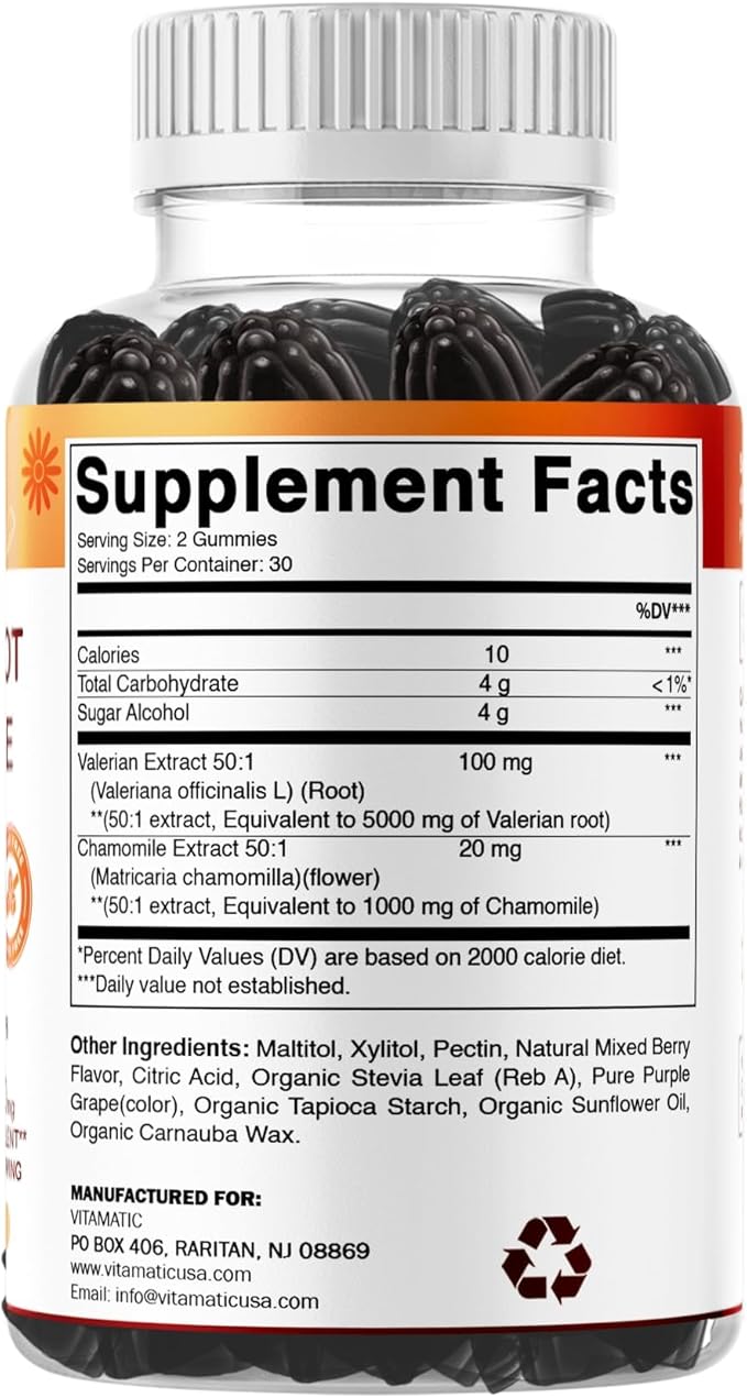 Vitamatic Valerian Root & Chamomile Gummies – Plant-Based Botanical Extract – Mixed Berry Flavor – Vegan, Non-GMO, Gluten-Free – Herbal Supplement – 60 Count
