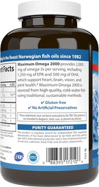 Carlson - Maximum Omega 2000, 2000 mg Omega-3s, Healthy Heart, Brain Function & Vision Support, Lemon, 90 soft gels