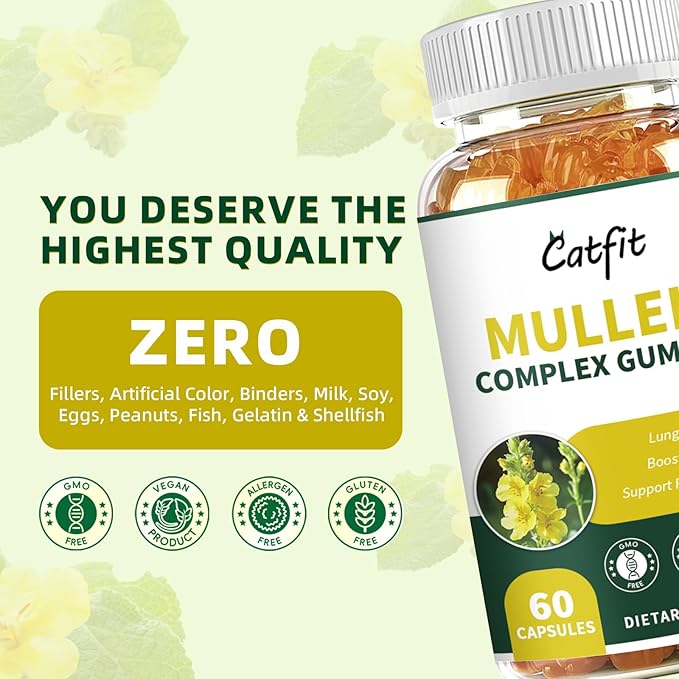 Catfit (120 pcs) Mullein Gummies for Lungs Detox &Lymphatic Drainage,Mullein Leaf Extract,Quercetin&Elderberry for Respiratory & Immune Support,Vegan, Pineapple Flavor, (2 Pack)