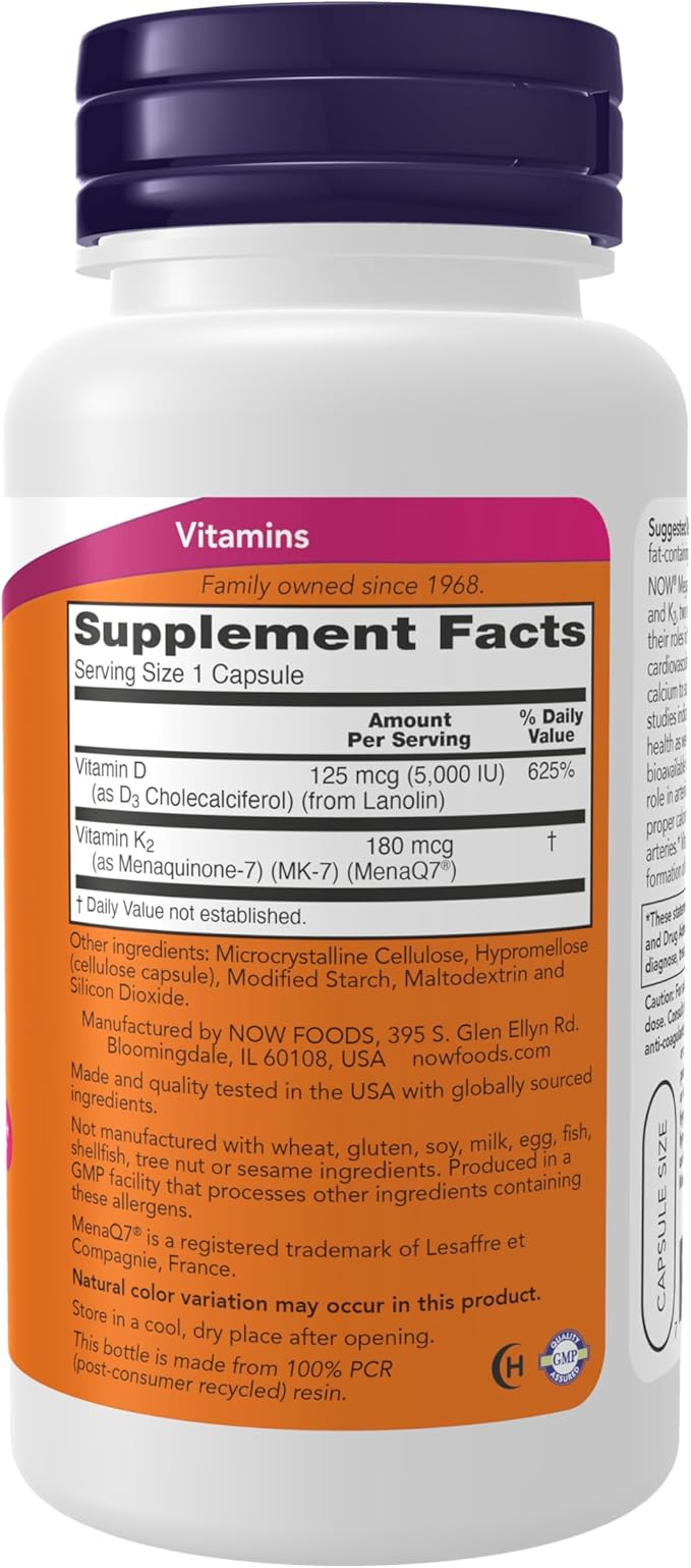 NOW Supplements, Mega D-3 & MK-7, 5000 IU / 180 mcg, Bone & Cardiovascular Support*, Vitamins K-3 & K-2, 120 Capsules