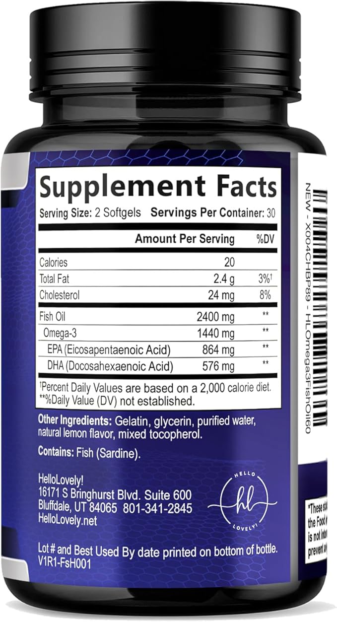 Omega 3 Fish Oil Supplements - 2400mg Fish Oil Per Serving - Triple Strength Omega-3 with EPA & DHA Fatty Acids - Natural Heart, Brain & Immune Support - Wild Caught, Bottled in USA - 60 Softgels