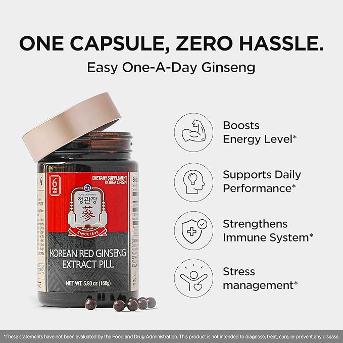 JUNG KWAN JANG Korean Red Ginseng Extract Pill - Red Panax Ginseng Energy Supplements with Rice Powder, Vitamins C & E - No Caffeine (800 Pills, 5.93 oz)
