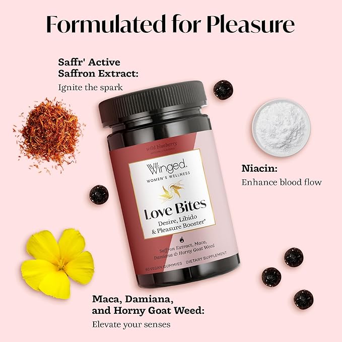 Winged Wellness Love Bites, Libido Booster for Women with Maca Root - Libido & Pleasure Booster with Horny Goat Weed & Damiana - Natural Aphrodisiac Gummy Supplement - Wild Blueberry, 60 Vegan Gummies