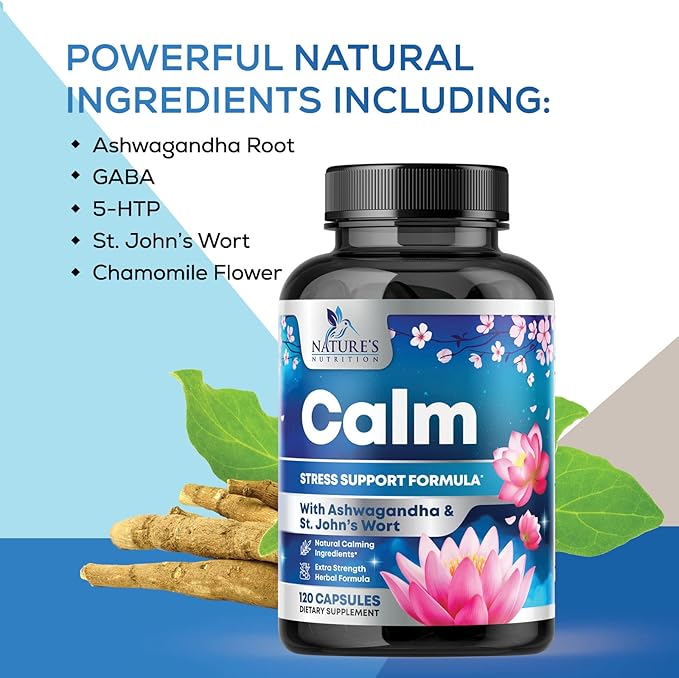 Stress Support Supplement - Extra Strength Ashwagandha, GABA, Magnesium, L-Theanine for Relief - Supports Mood & Focus - Naturally Calm, Unwind & Relax - Eases Tension & Nervousness - 120 Capsules