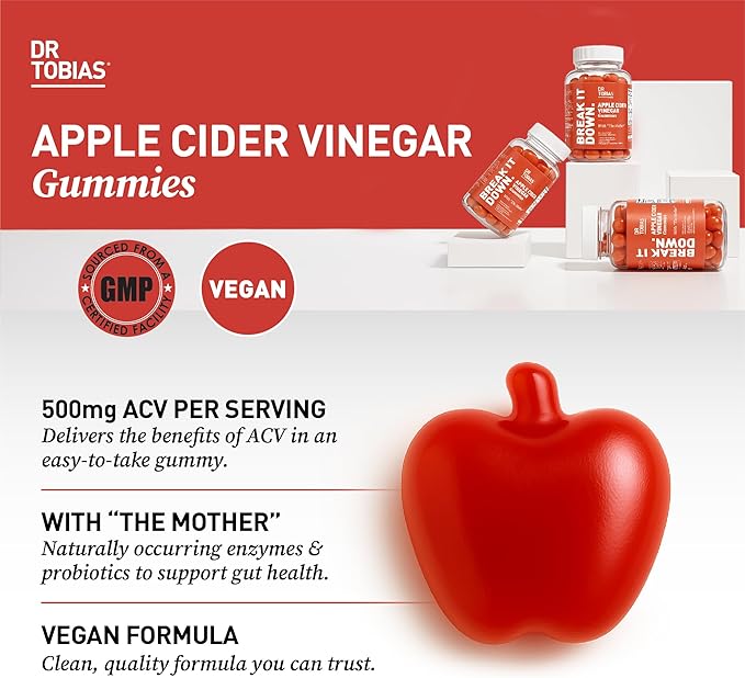 Dr. Tobias Apple Cider Vinegar Gummies with The Mother - 500mg ACV Per Serving, Plus Folate, B6, B12 & Iodine | Supports Digestive Health Gut Cleanse & Detox - Vegan (120 Gummies)