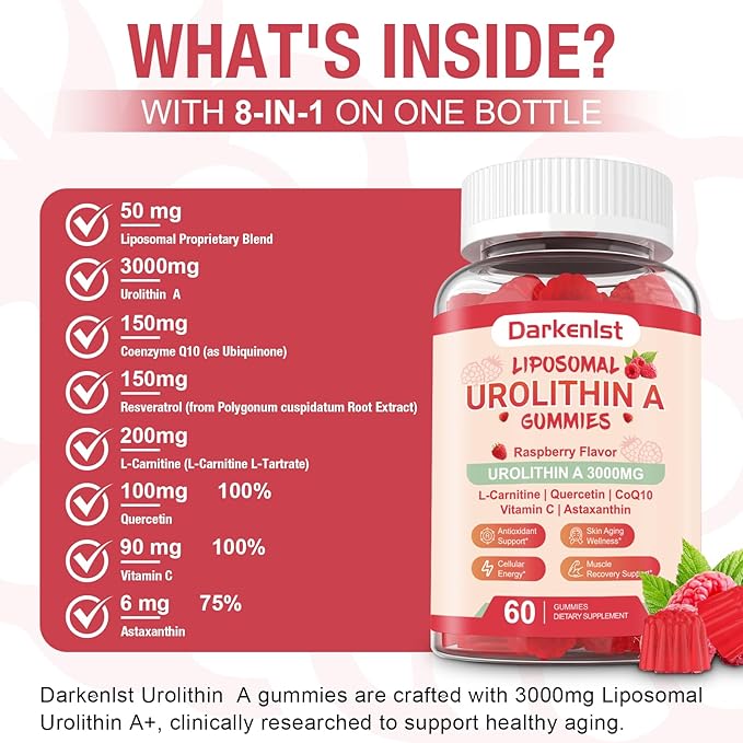 2 Pack Liposomal 3000mg Urolithin A Gummies Complex CoQ10, Resveratrol, L-Carnitine, Quercetin, Astaxanthin | 7-in-1 Mitochondrial Support Supplement for Cellular Support, Vitality & Wellness Aging